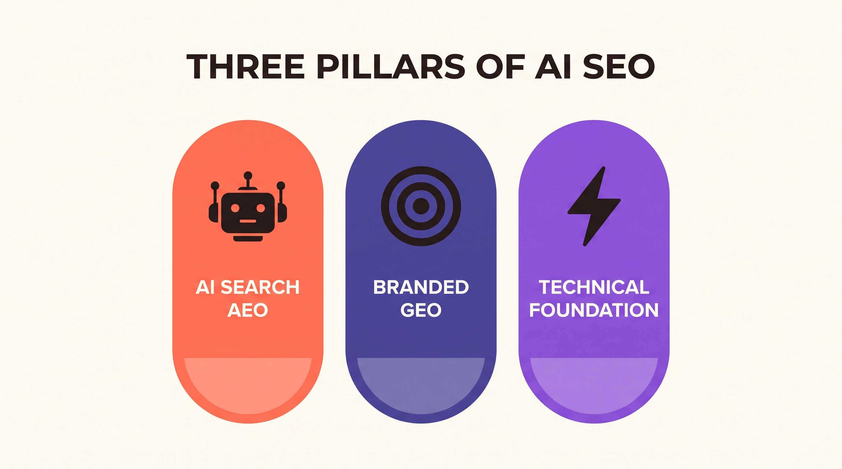 Three pillars of AI SEO: AI Search (AEO), Branded GEO, and Technical Foundation