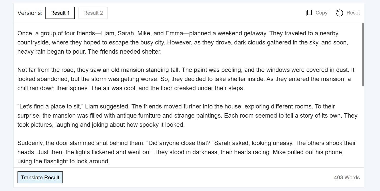 Two AI generated story versions returned for the haunted mansion prompt