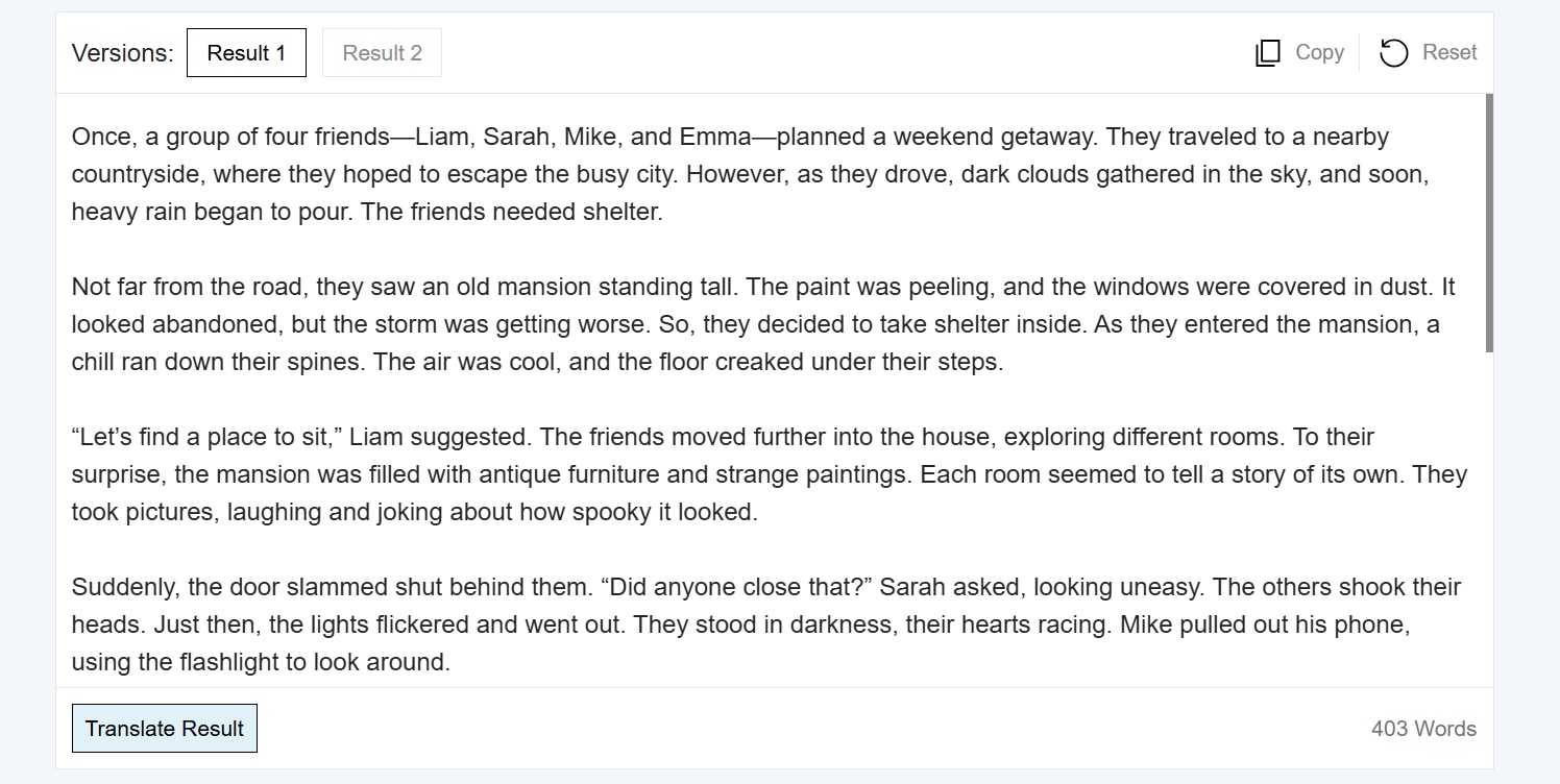 Two AI generated story versions returned for the haunted mansion prompt