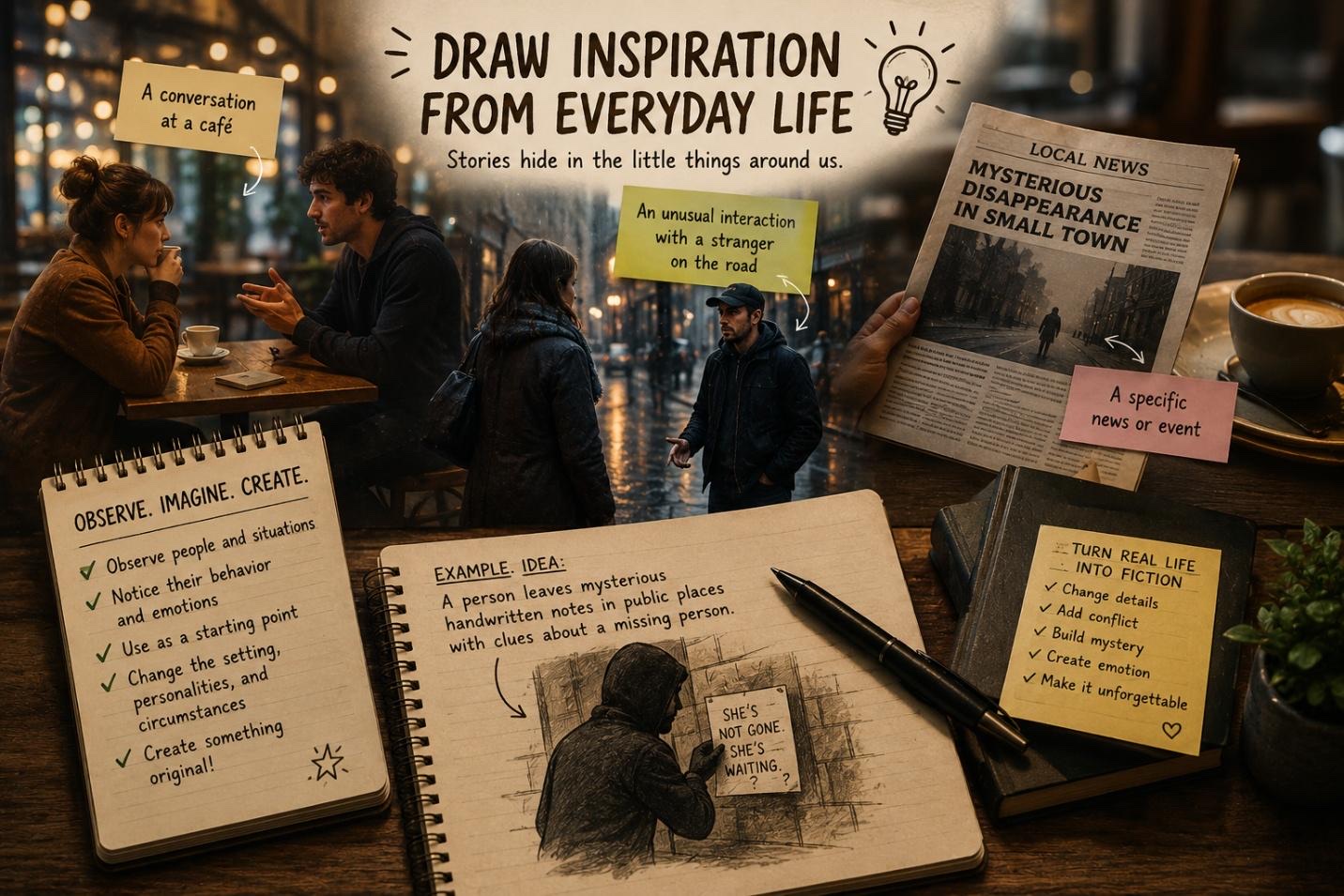 An author observing everyday life in a cafe for story inspiration