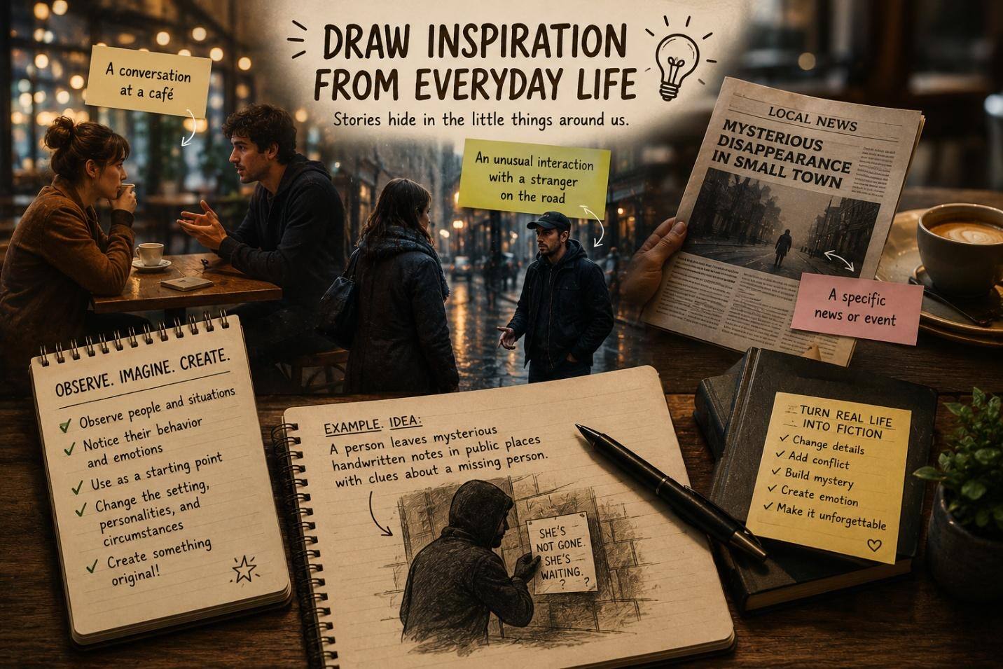 An author observing everyday life in a cafe for story inspiration