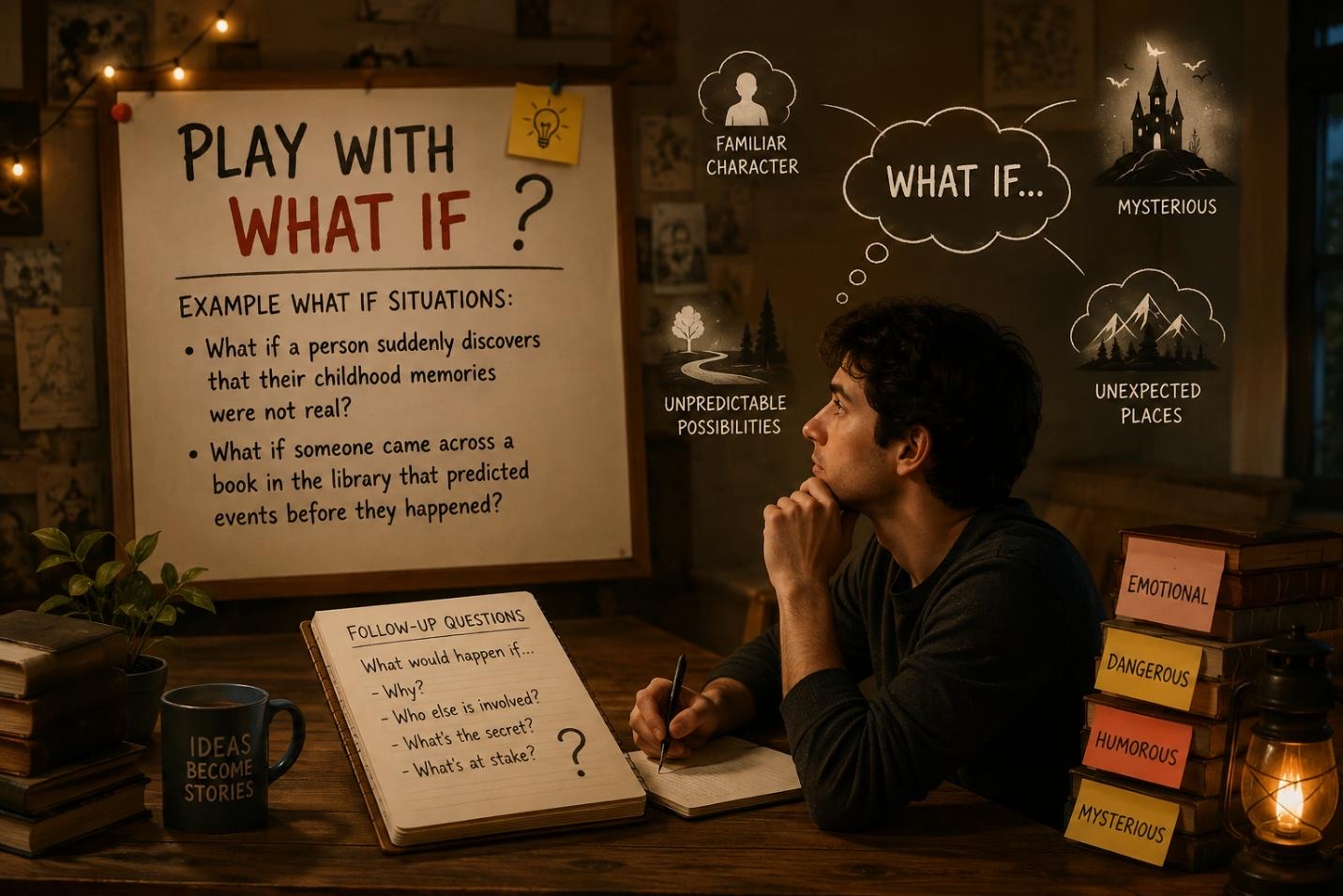 A writer at a desk brainstorming what if situations on a whiteboard