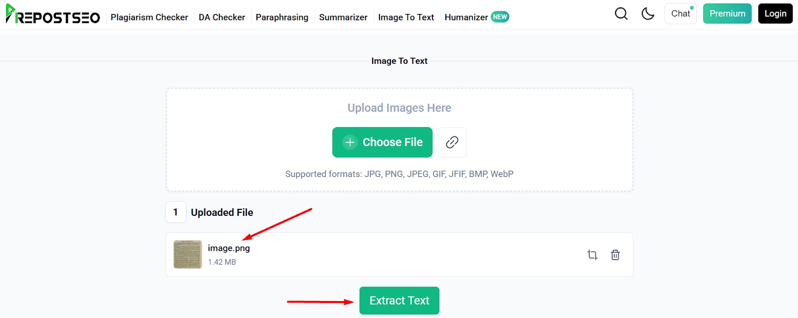 The image to text converter interface with the library book photo uploaded