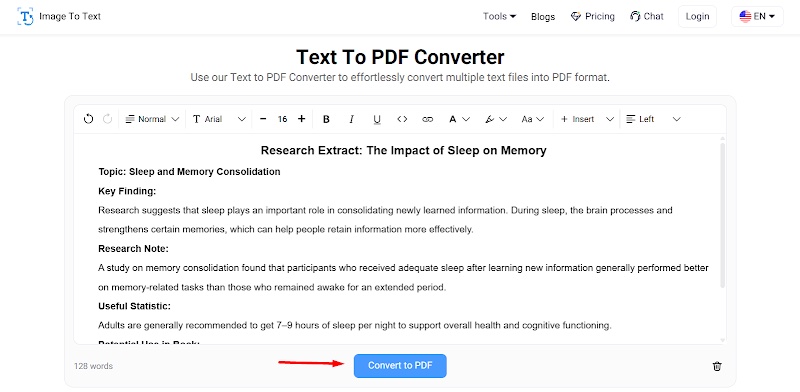The formatted research extract with the Convert to PDF button highlighted