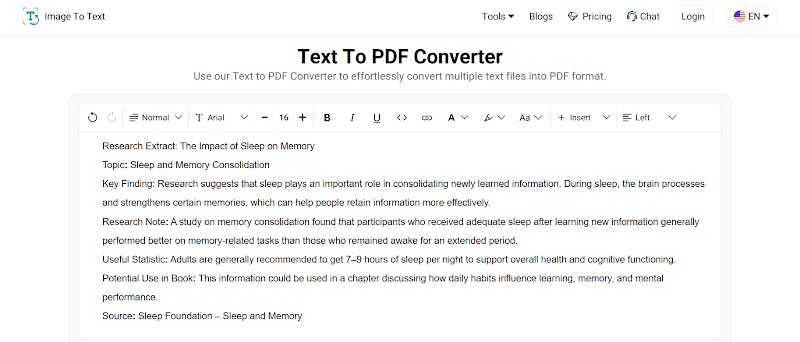 A text to PDF converter with a sample research extract pasted into the editor