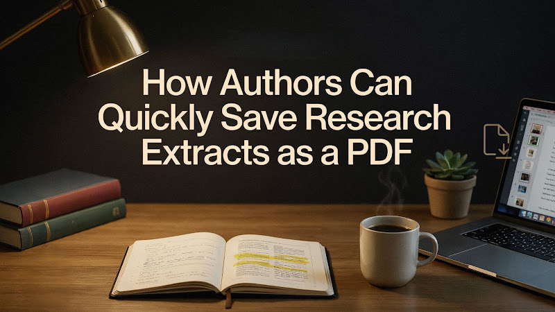 An author's desk with a research book, highlighted notes and a laptop saving a PDF