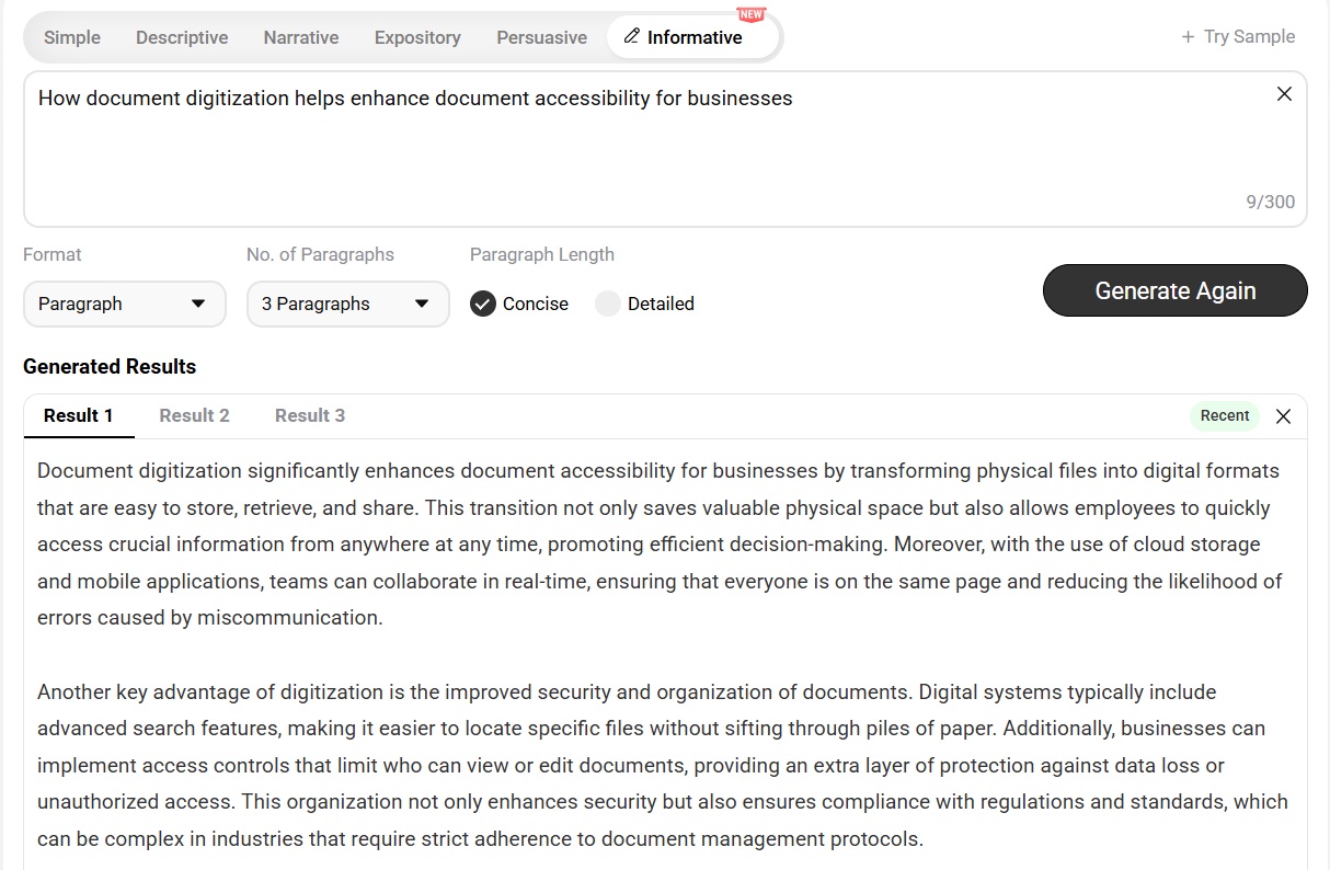 An AI paragraph generator returning three informative paragraphs for the given instruction