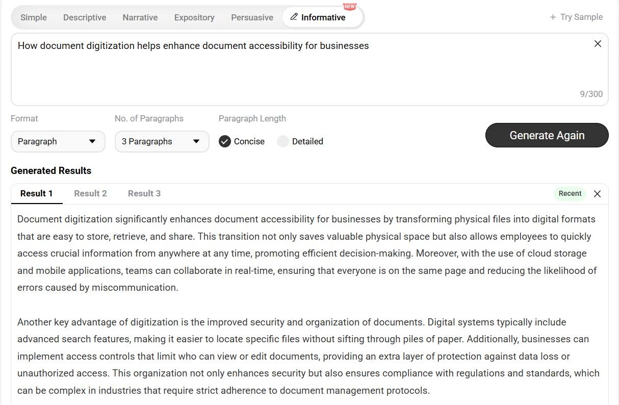 An AI paragraph generator returning three informative paragraphs for the given instruction