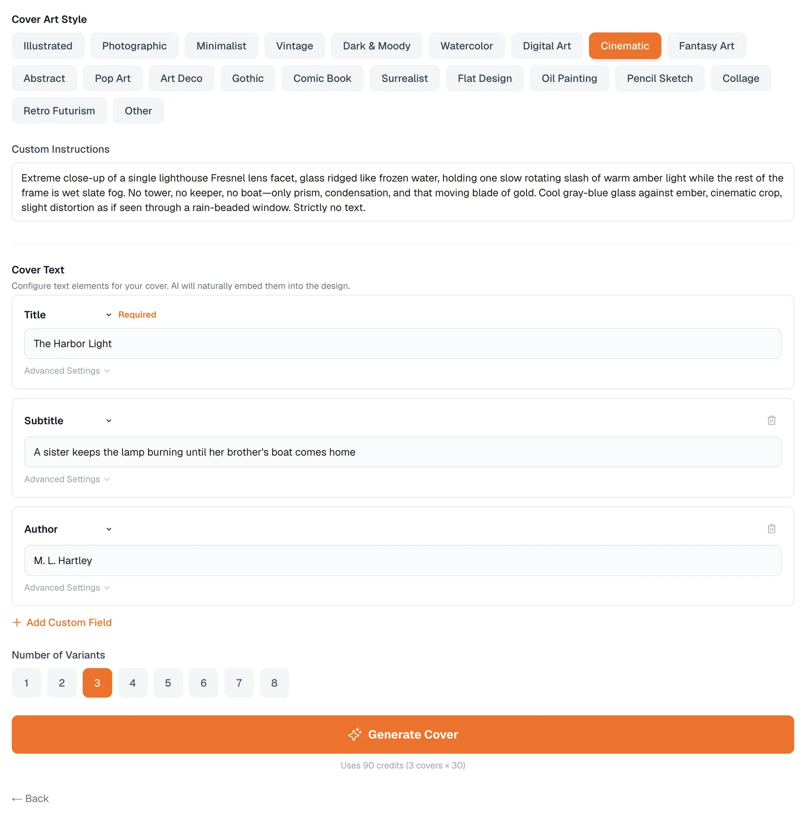 Formulario de portada con opciones de estilo, instrucciones personalizadas y campos de título, subtítulo y autor