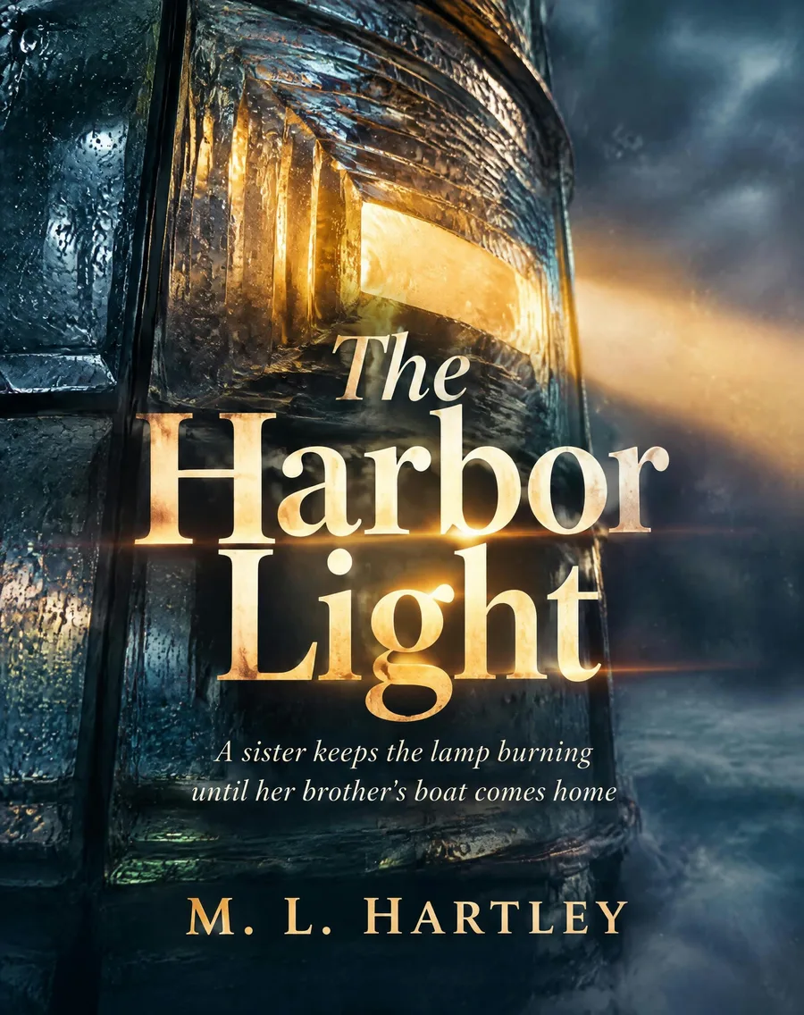 Portada de The Harbor Light por M. L. Hartley: título dorado sobre la lente brillante de un faro en una tormenta