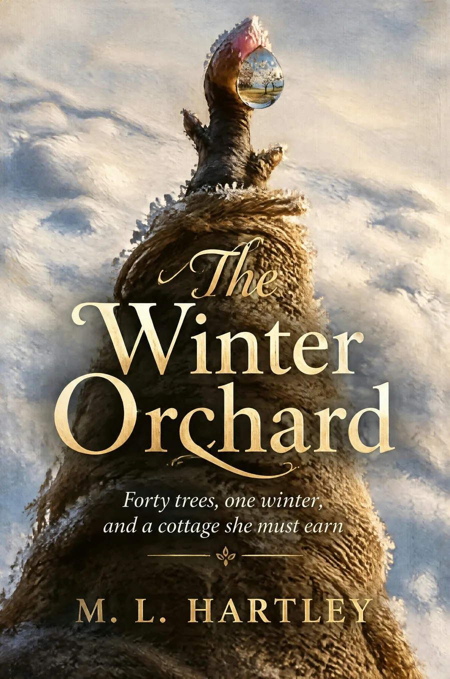 Portada de The Winter Orchard por M. L. Hartley en estilo de pintura al óleo con nieve
