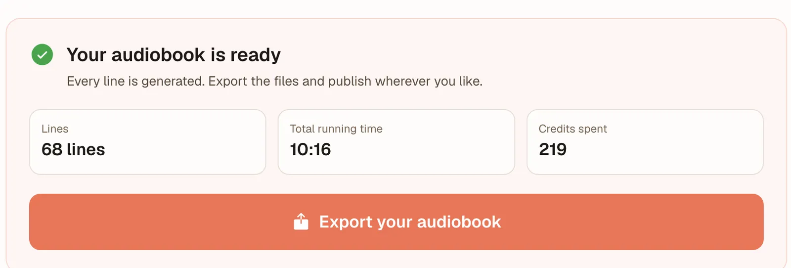 Your audiobook is ready: 68 lines, 10 minutes 16 seconds