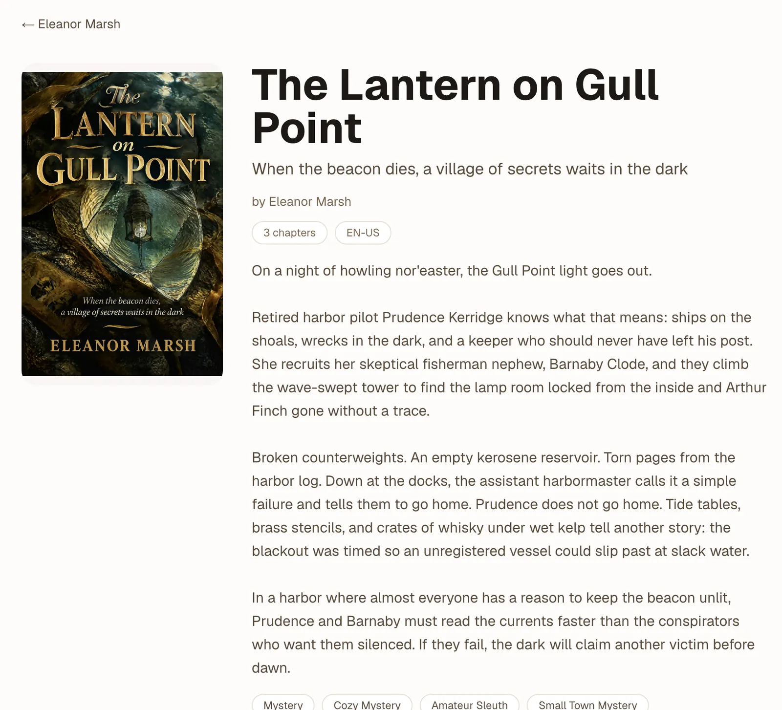 Book page for The Lantern on Gull Point with cover and blurb