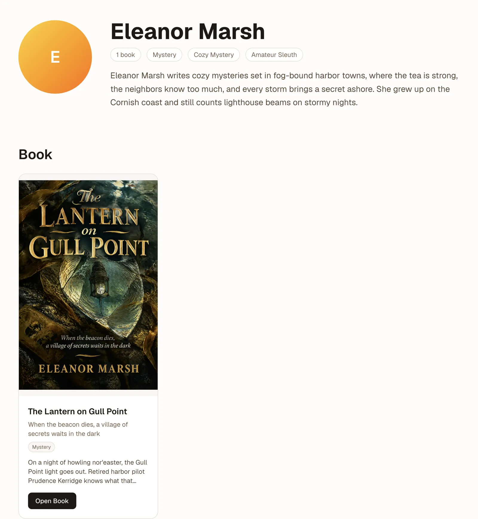 Public author page for Eleanor Marsh with bio, links and The Lantern on Gull Point