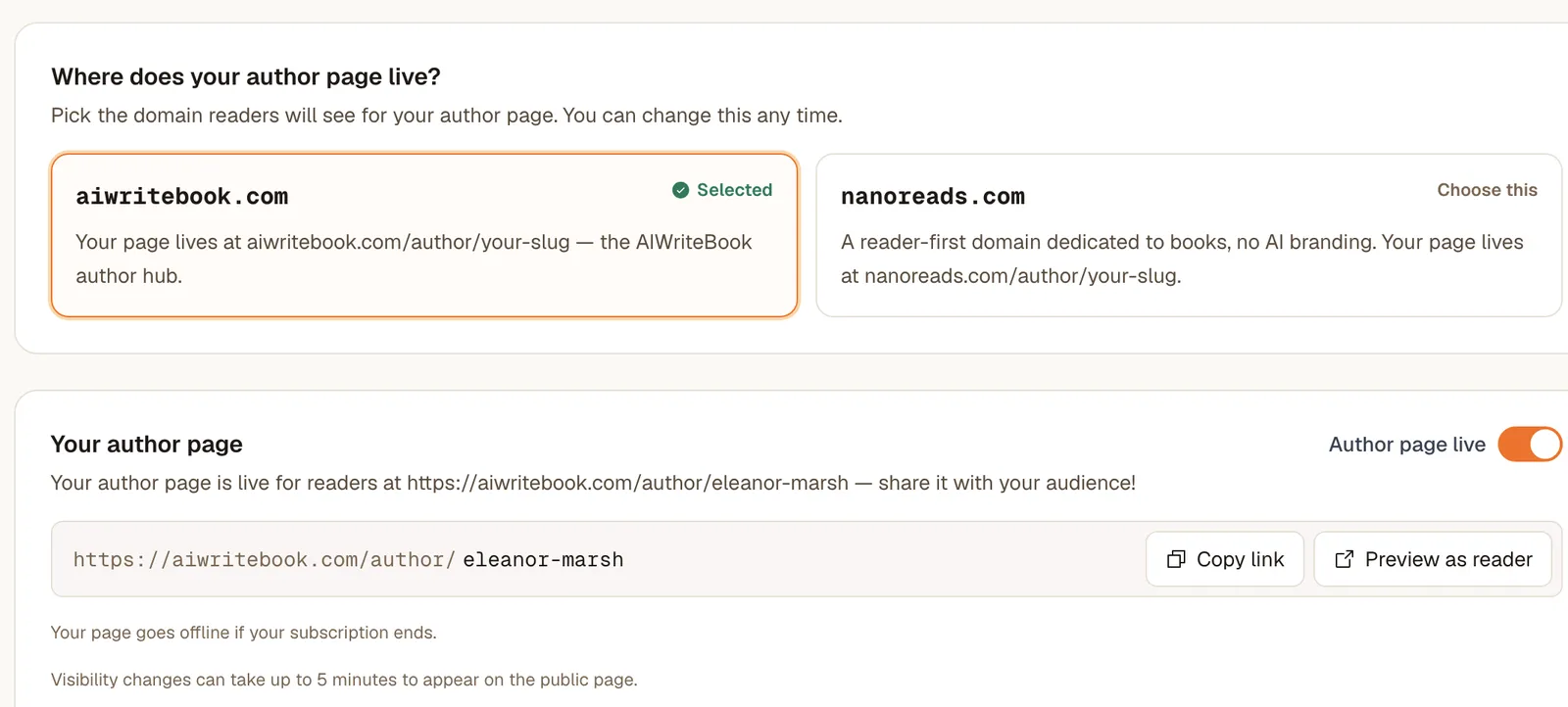 Domain choice, custom slug and the live switch for the author page