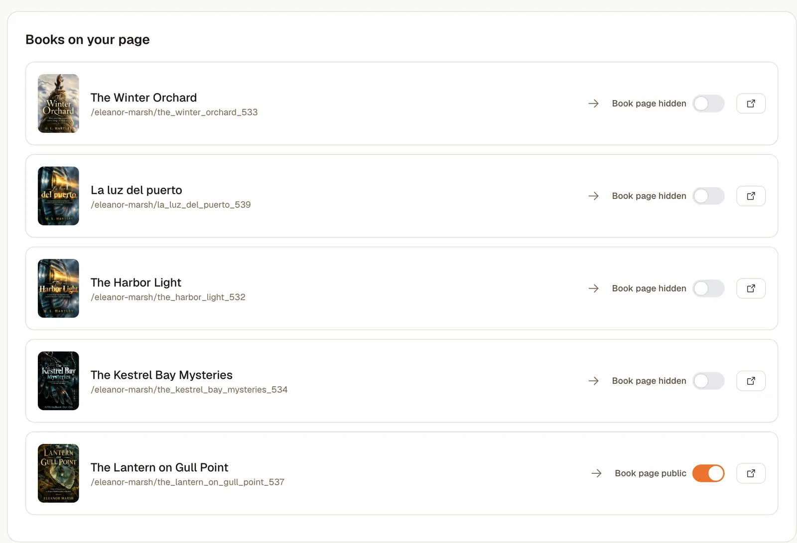 Books list with visibility switches on the author page
