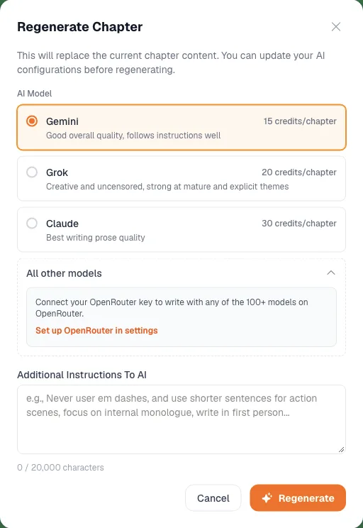 Pannello con tutti gli altri modelli nel selettore del capitolo che invita a connettere una chiave OpenRouter per oltre 100 modelli