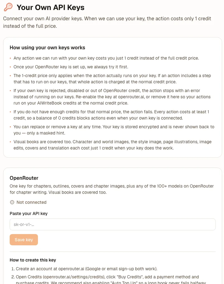Pagina impostazioni chiavi API personali con il campo per la chiave OpenRouter