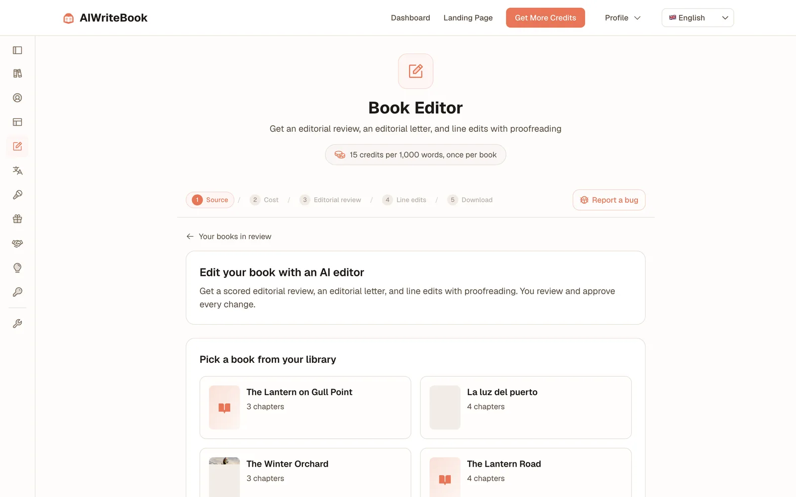Startbildschirm des Book Editors mit Büchern aus der Bibliothek und einer Option zum Hochladen von Manuskripten