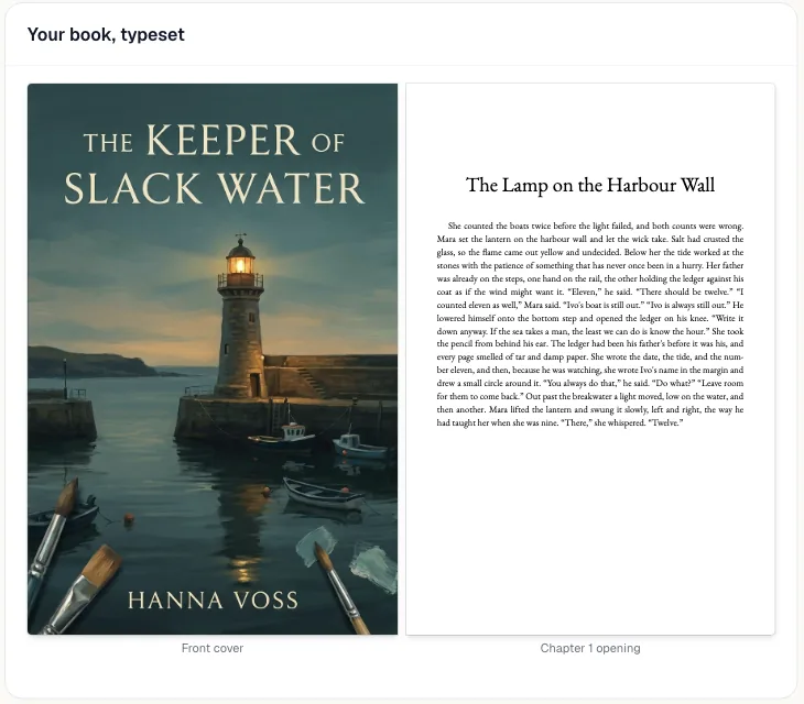 Ein fertiges Cover und eine gesetzte Kapiteleinleitung, exportiert aus AIWriteBook