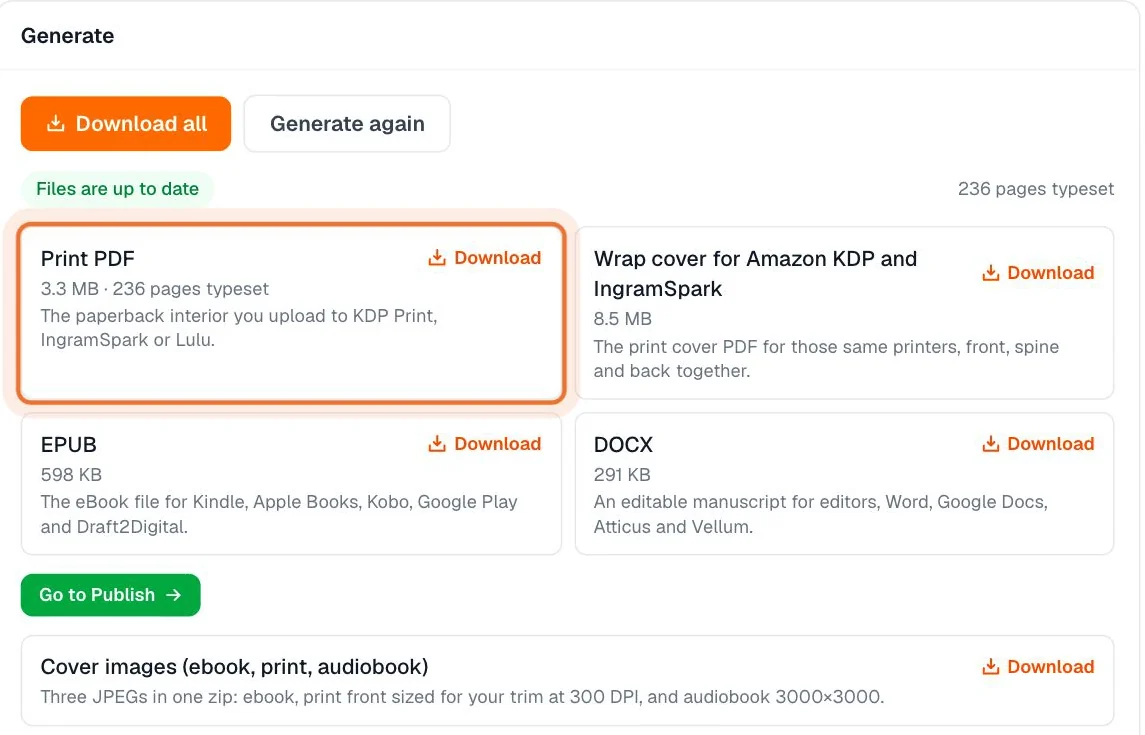 Generate panel with Print PDF, wrap cover, EPUB and DOCX ready to download