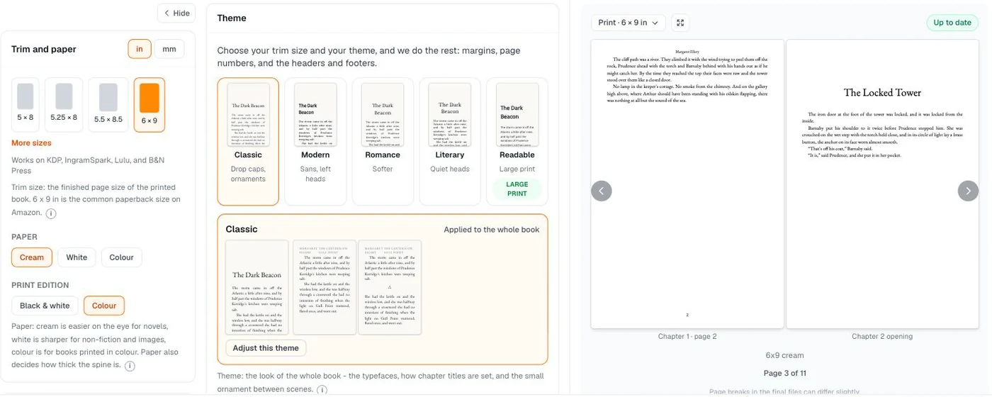 Layout tab with trim sizes, five theme cards and a live preview of the book's own pages