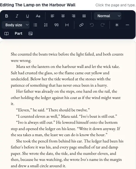 Page editor toolbar above a typeset chapter page