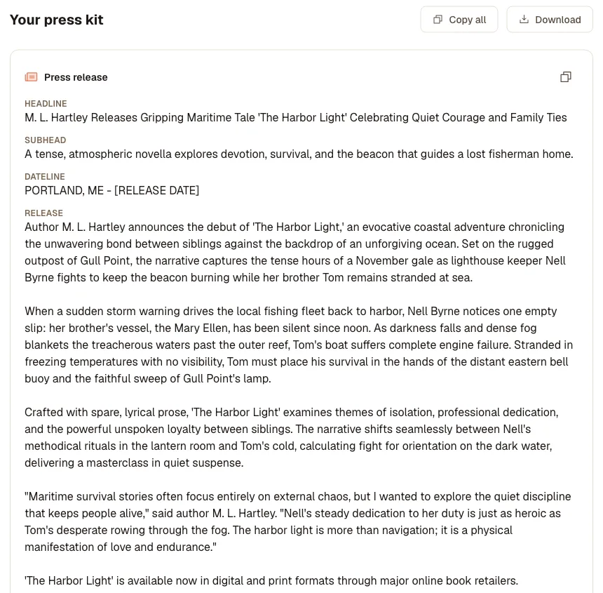 Pressemitteilung generiert für The Harbor Light mit Schlagzeile, Unterüberschrift, Datumzeile und Haupttext