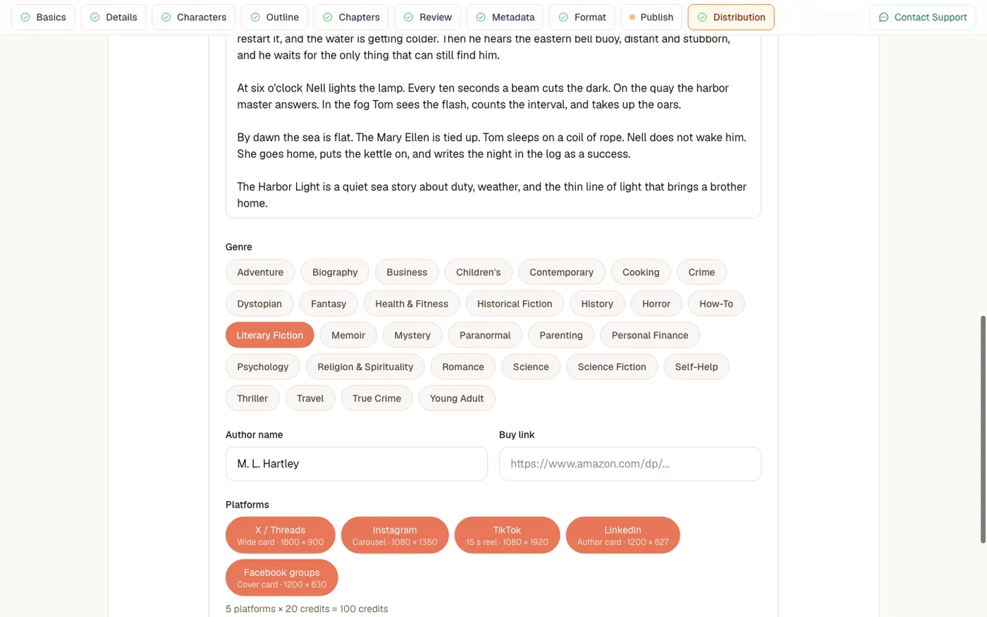 Social Post Generator Formular, ausgefüllt mit Buchdaten: Titel, Beschreibung, Genre, Autorenname und fünf Plattform-Chips