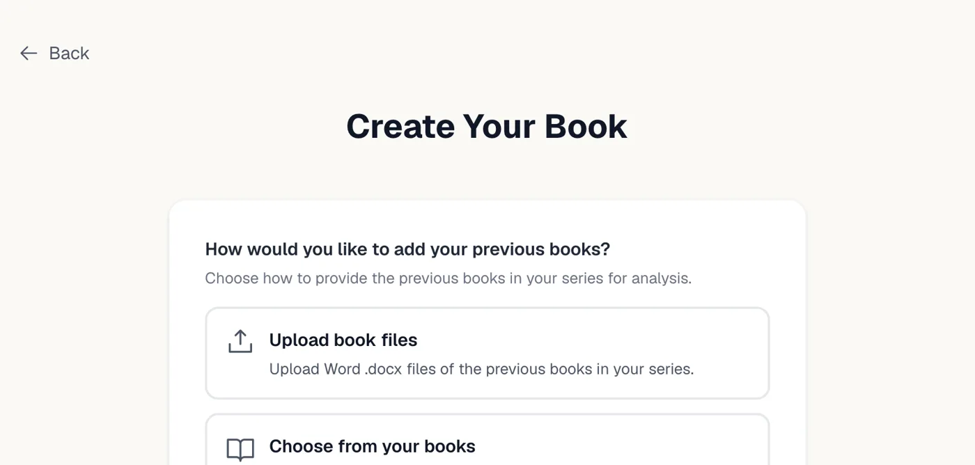 Opzioni per caricare i file del libro o scegliere tra i tuoi libri