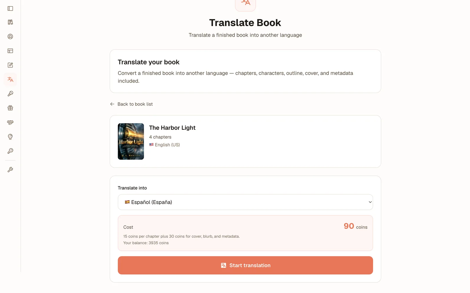 Buch übersetzen Bildschirm mit ausgewähltem Buch The Harbor Light, Sprache Spanisch (Spanien) und angezeigten Kosten