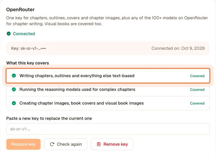Connected OpenRouter key with a masked hint and three covered checks: text, reasoning models and images