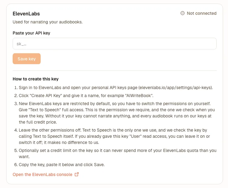 ElevenLabs key card in Your Own API Keys settings