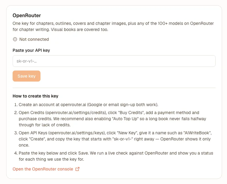 OpenRouter card in settings with the key creation steps