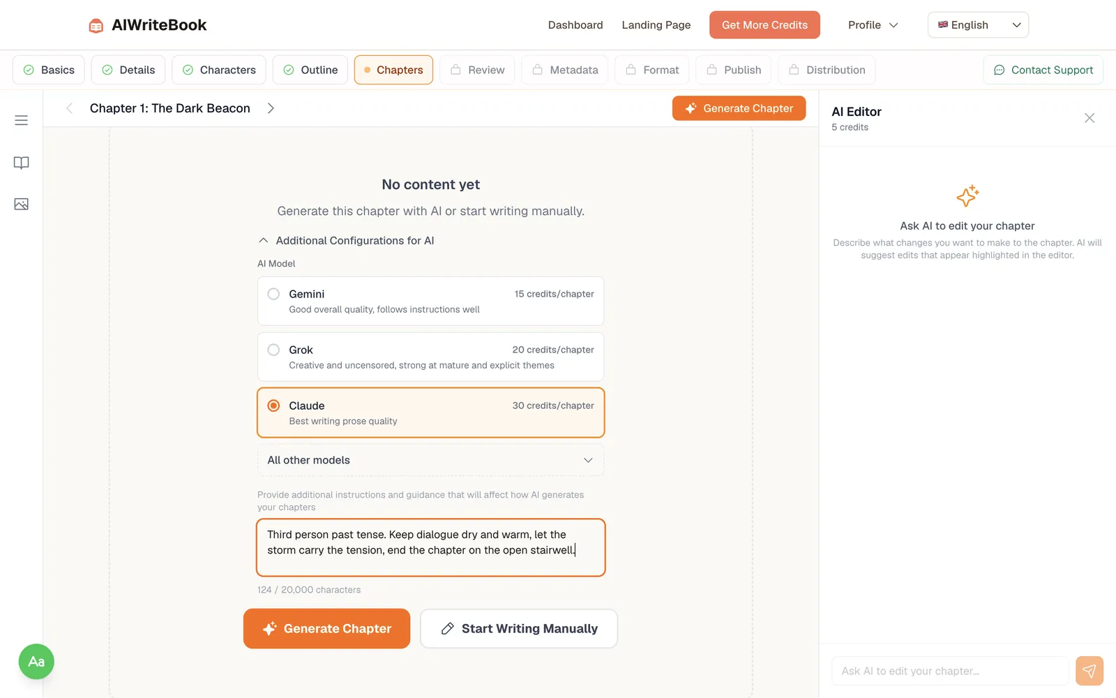 Chapter settings with target words, AI model and extra instructions