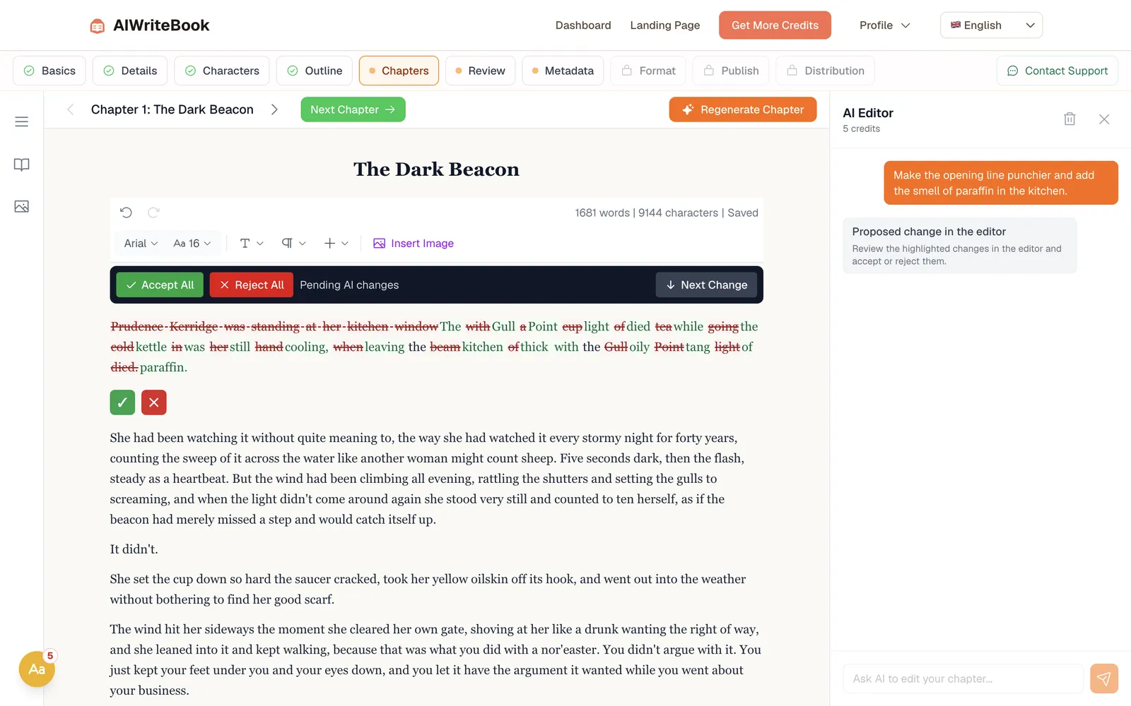 AI Editor sidebar suggesting a change to a highlighted passage
