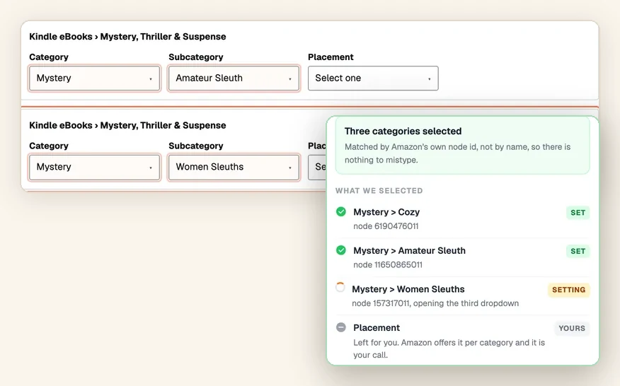 KDP category picker with recommended categories in the panel