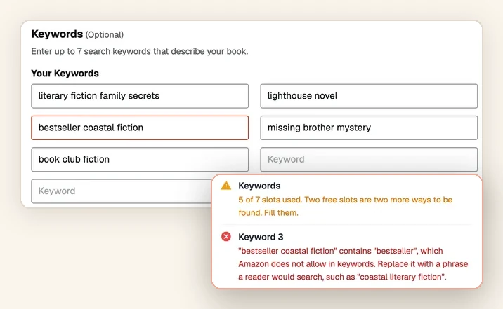 KDP keyword fields with checks in the panel