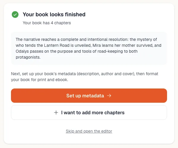 Your book looks finished screen with next step options