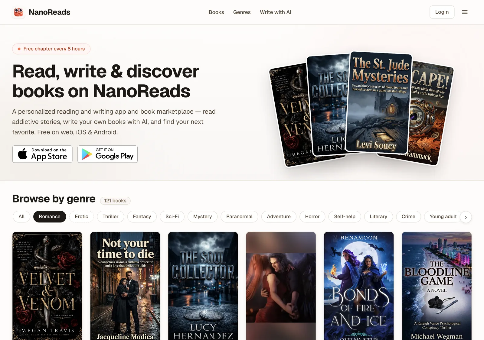 NanoReads Startseite mit hervorgehobenen Covern und Genre-Filtern