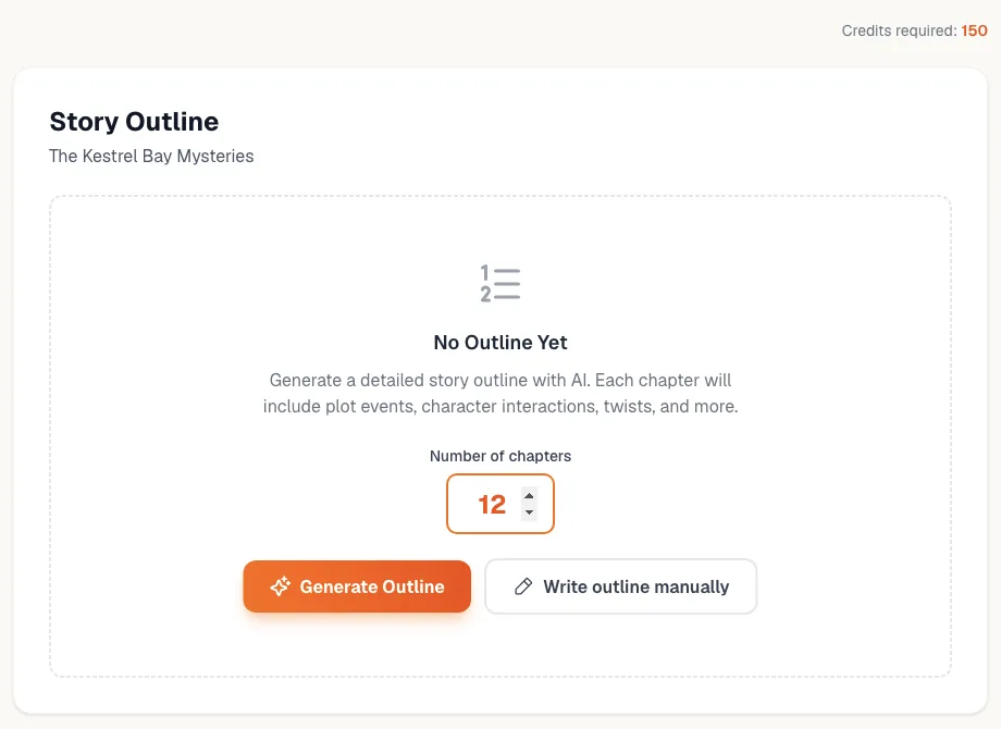 Story Outline screen with the chapter count and Generate Outline button
