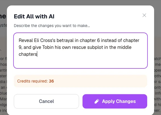 Edit All with AI dialog asking to move a betrayal to chapter 6 and add a rescue subplot