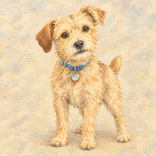 Charakter-Referenz für Biscuit, einen kleinen struppigen Terrier mit blauem Halsband