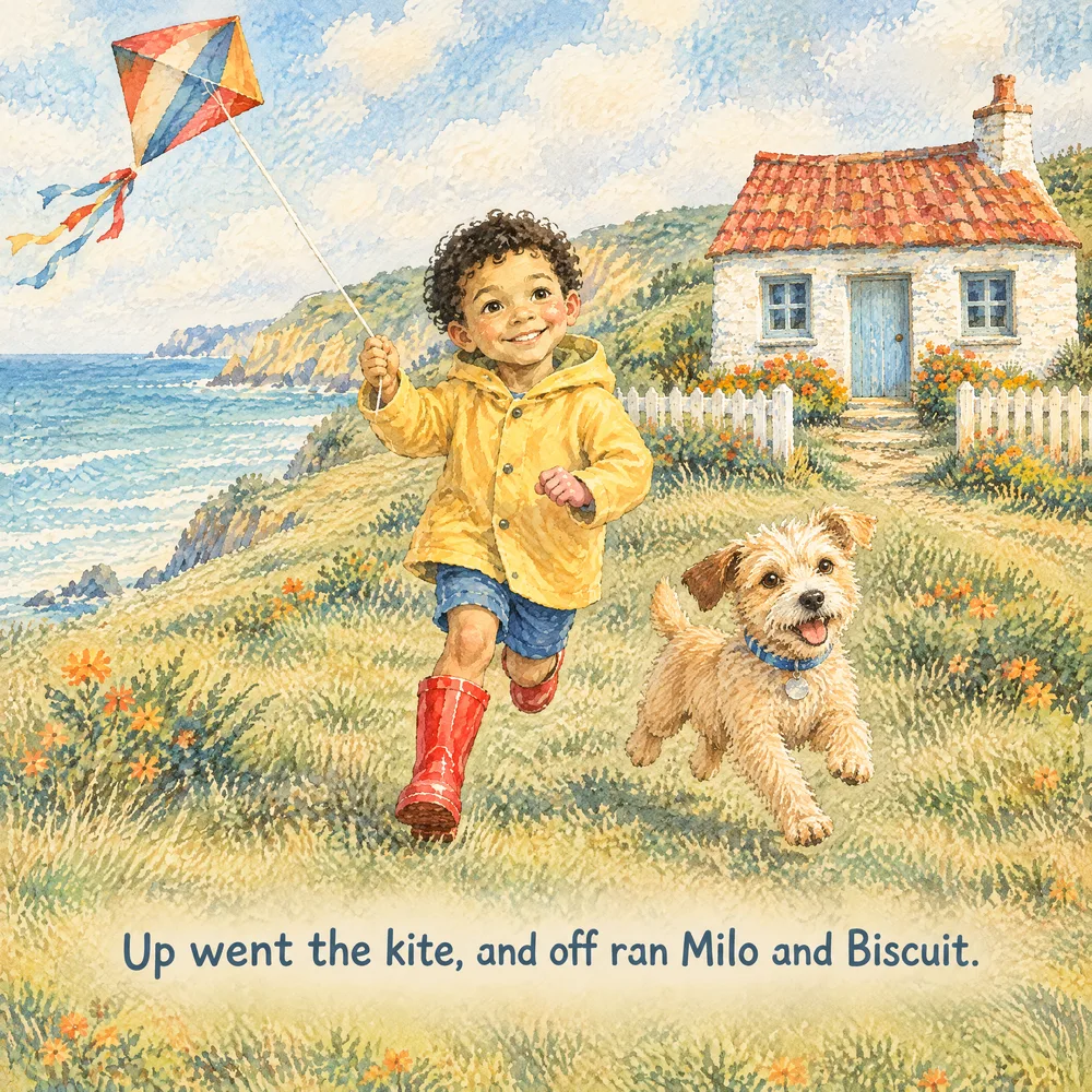 Seite 3: Milo rennt mit dem Drachen die Klippe entlang, Biscuit an seiner Seite