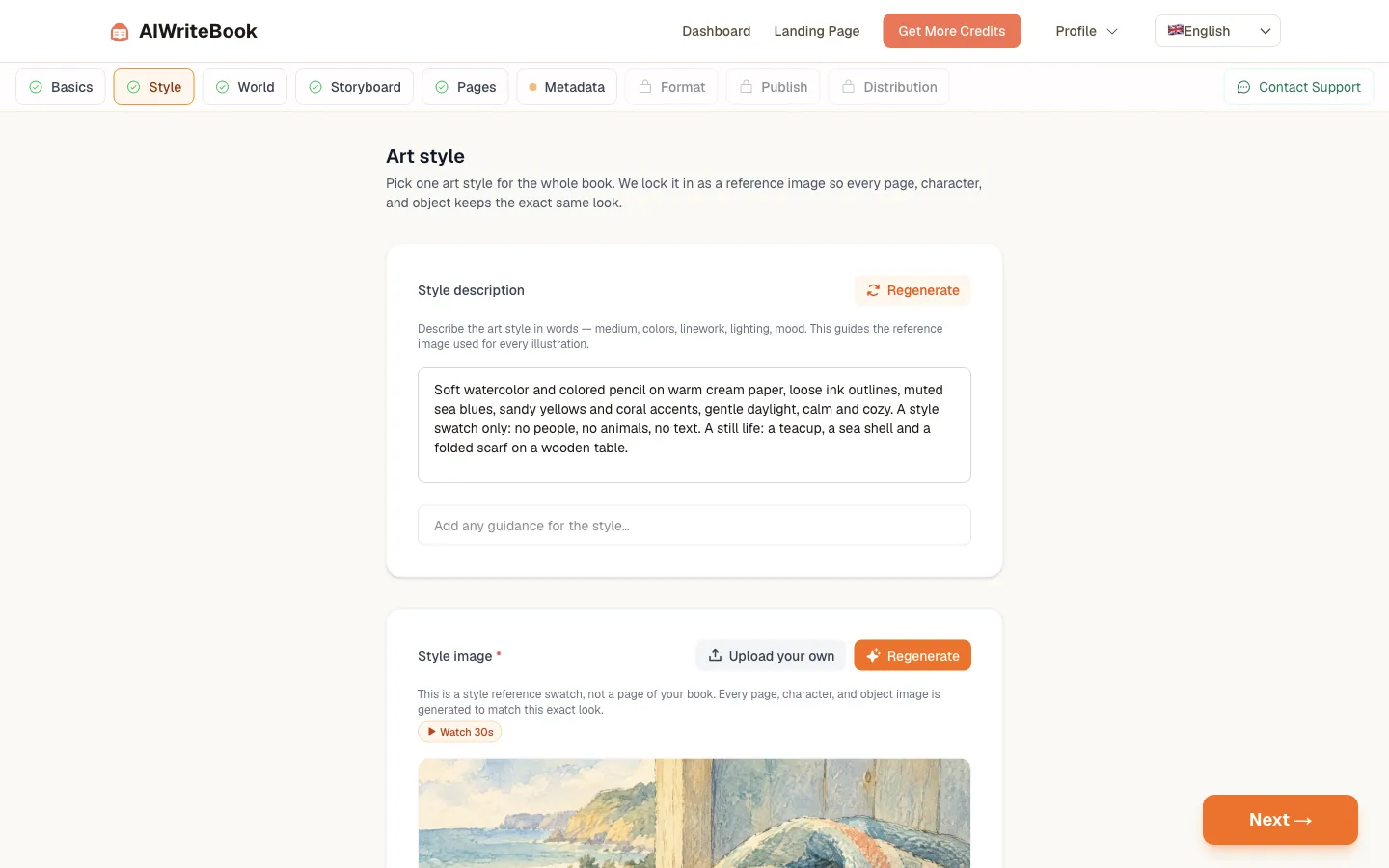 Schritt Kunststil mit einer Aquarell-Stilbeschreibung und dem zugehörigen Referenzbild
