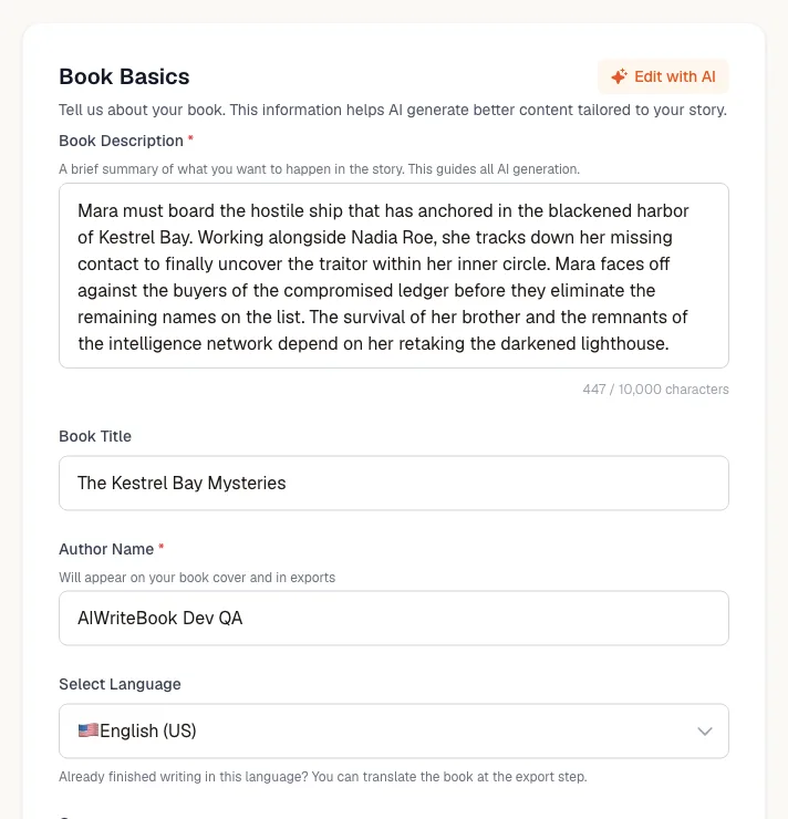 Passaggio basi del libro in AIWriteBook con la lingua impostata su English (US)