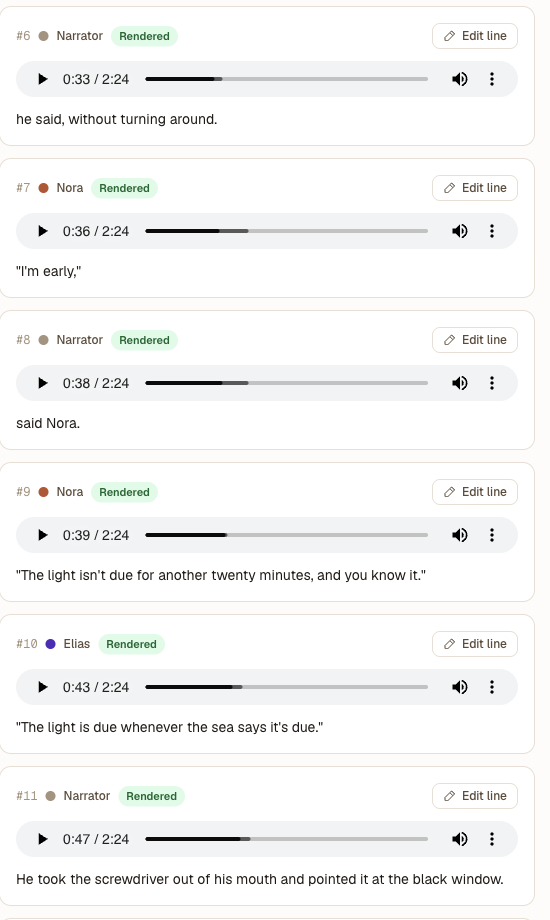 Rendered segment list in the Audiobook Studio with per-line speaker, status badge and audio player