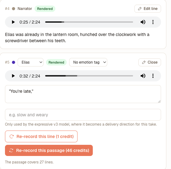 Line editor in the Audiobook Studio with speaker dropdown, emotion tag, editable script and a re-record button showing the exact credit cost