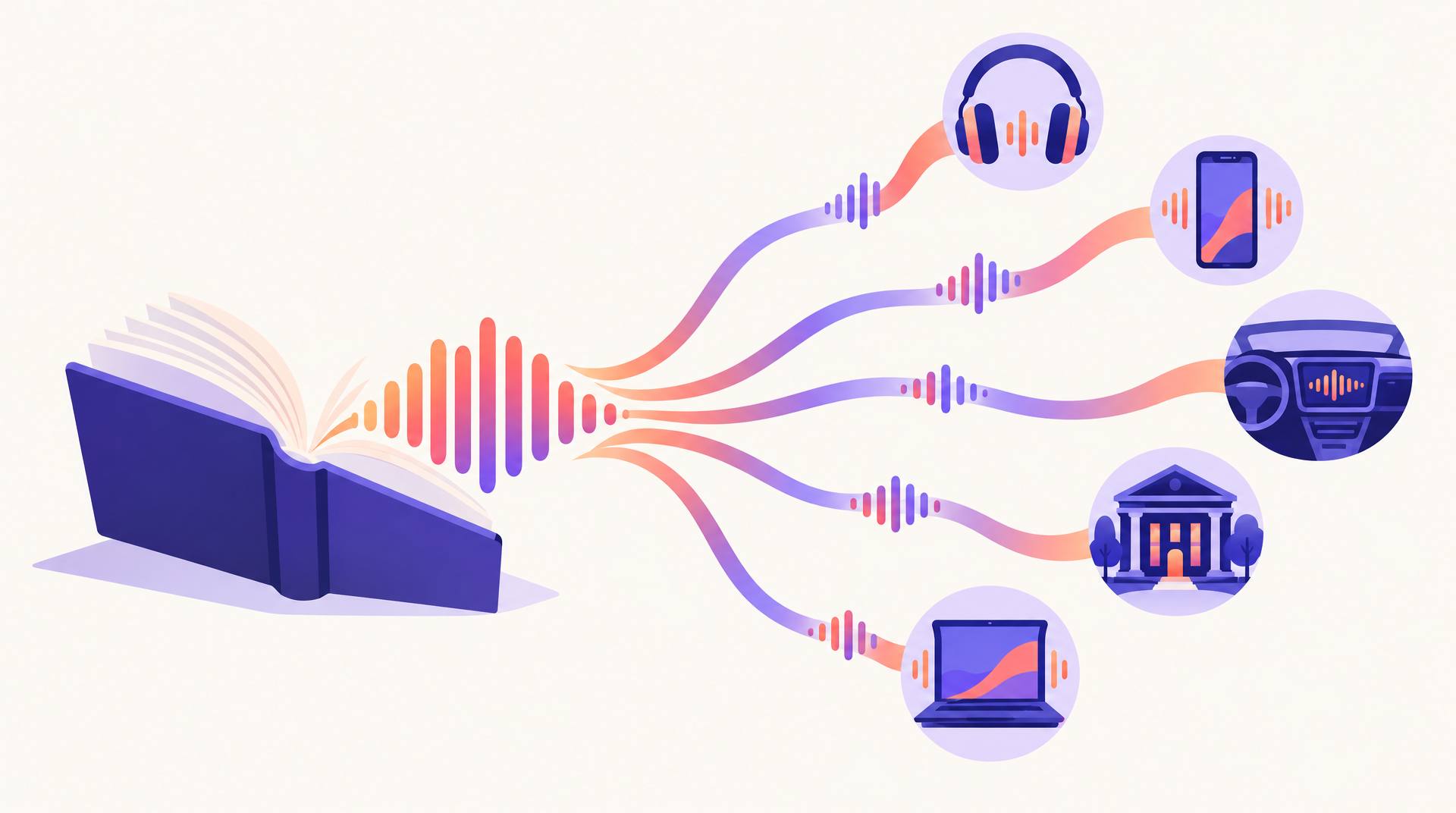 An open book whose pages become a sound wave that branches out to headphones, a phone, a car, a library and a laptop