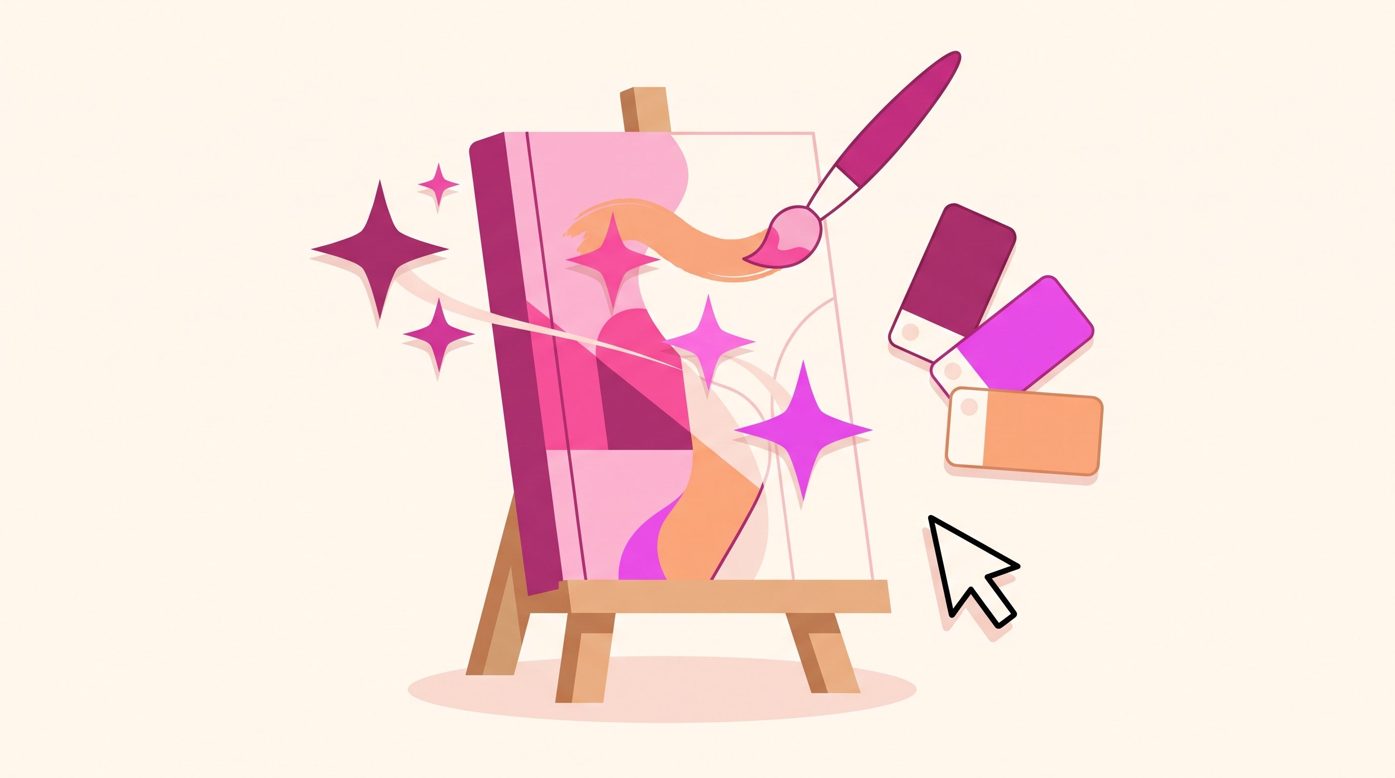AI-generated book cover on an easel being painted by a brush and AI sparkles with color swatches
